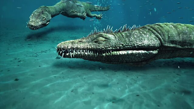 Close up of dangerous carnivorous aquatic dinosaurs, carnivorous marine dinosaur face and head close up