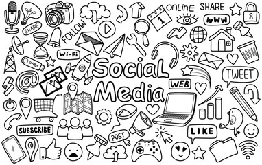Hand drawn set of social media sign and symbol doodles elements. Isolated on white background.
