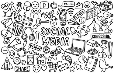 Hand drawn set of social media sign and symbol doodles elements. Isolated on white background.