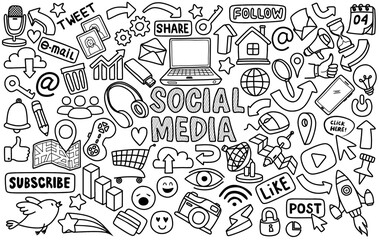 Hand drawn set of social media sign and symbol doodles elements. Isolated on white background.