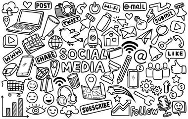Hand drawn set of social media sign and symbol doodles elements. Isolated on white background.