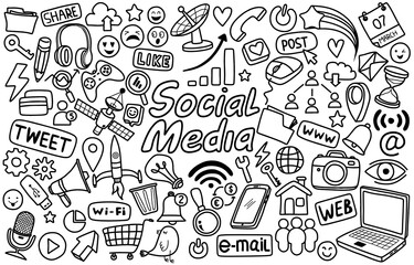 Hand drawn set of social media sign and symbol doodles elements. Isolated on white background.