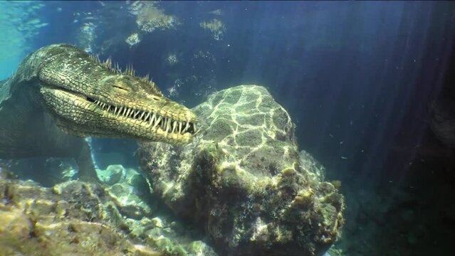 Underwater dinosaur hunter hiding between coral reef while looking for a prey, underwater dino