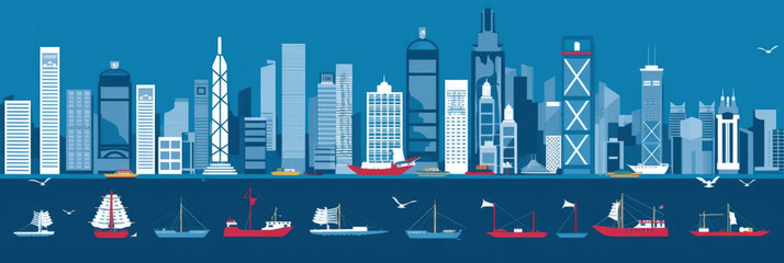 Hong Kong city panorama, urban landscape with modern buildings. Business travel and travelling of landmarks. Illustration, web background. Skyscraper silhouette. China - Generative AI - obrazy, fototapety, plakaty