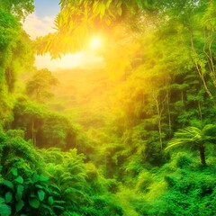 Fototapeta na wymiar Sunrise over beautiful green leafy jungle mix background