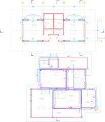 Plan floor apartments, condominium, flat, house. One, two bedroom apartment. Interior design elements kitchen, bedroom, bathroom with symbols furniture. Vector architecture 2D floor plan.	