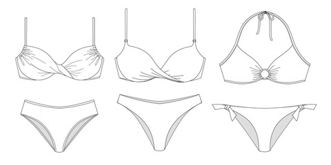 Woman sustainable swimwear, technical drawing, template, sketch, flat, mock up. Recycled PA,...