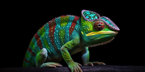 Naklejka premium Chameleon on black background. Generative AI