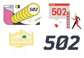 set of clip arts sings concept of website error 502 error code