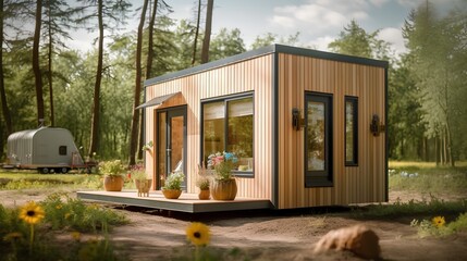 Tiny home concept, illustrating the minimalist lifestyle that advocates for living more with less. The idea of compact living spaces designed for functionality and simplicity. Generative AI - obrazy, fototapety, plakaty