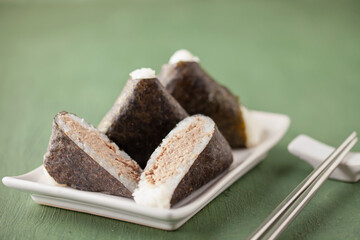 Korean triangle kimbap Samgak made with nori, rice and tuna fish