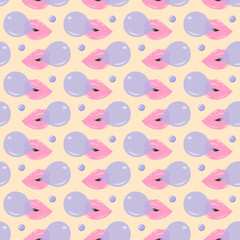 Lips blowing bubble gum seamless pattern on beige pastel background.