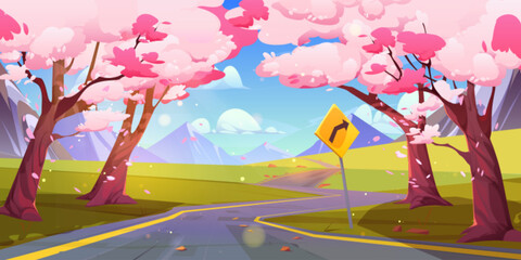 Spring sakura road way vector mountain landscape illustration. Cherry blossom park with turn sign scenery. Japan park on hills with pink flower for weekend adventure trip. Malaysia march panorama - obrazy, fototapety, plakaty