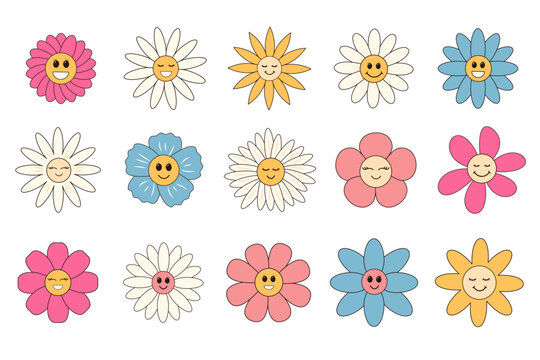 Groovy cartoon flowers set. Cute retro hippie daisy characters. 
