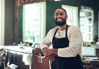 Barber shop employee, hair stylist and black man portrait of an entrepreneur with smile. Salon,...