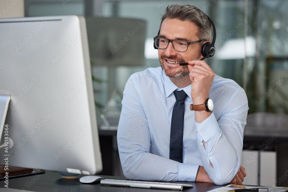 Sticker Businessman, call center and smile with headphones on computer in customer service, telemarketing or support at office. Man, consultant or agent consulting for online advice or telesales at workplace