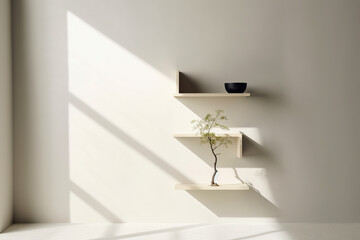 White room with shelves and minimalist decoration. Minimalist interior decoration concept. Generative AI
