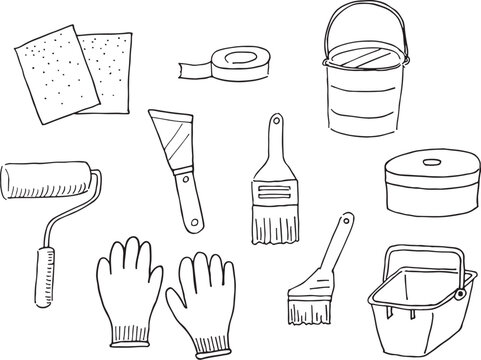 外壁塗装用道具のイラスト（手書き・モノクロ、白黒、線画）