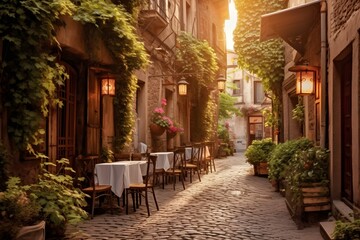 Fototapeta na wymiar Charming European Alley: A picturesque scene of a charming cobblestone alley in a European town, capturing the essence of old-world charm, ideal for travel posters and guidebooks.