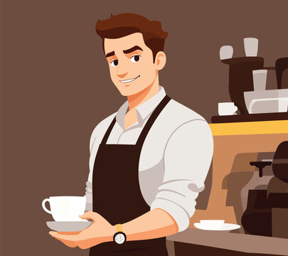 vector art of a waiter in restaurant holding tea cup. 