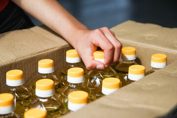 many bottles of sunflower oil background