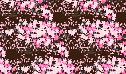 桜色の桜と流水と燕脂背景のシームレスパターン
 - obrazy, fototapety, plakaty