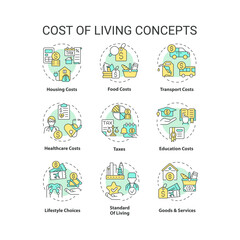 Cost of living concept icons set. Money expense. Basic need. Financial sustainability. Social issue. Personal economy. Well being idea thin line color illustrations. Isolated symbols. Editable stroke