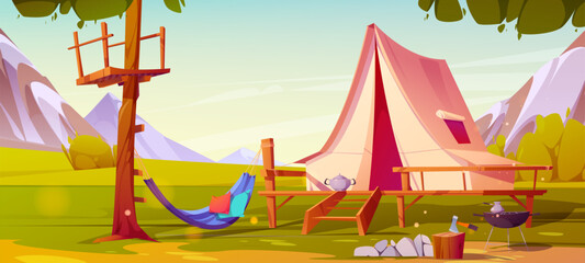 Summer mountain camp with tent and hammock on tree. Vector cartoon illustration of green valley landscape with tourist camping equipment, grill, axe and firewood, treehouse and beautiful nature