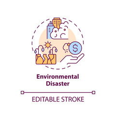 Environmental disaster concept icon. Climate change. Negative impact. Money loss. Insurance cost. Environmental damage abstract idea thin line illustration. Isolated outline drawing. Editable stroke