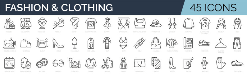 Set of 45 line icons related to fashion, sewing, clothing. Outline icon collection. Editable stroke. Vector illustration. - obrazy, fototapety, plakaty