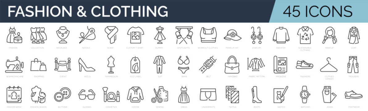 Set of 45 line icons related to fashion, sewing, clothing. Outline icon collection. Editable stroke. Vector illustration.