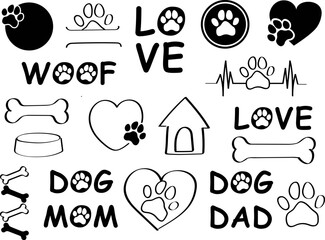 Dog, Puppy, Pet Paw Silhouette. Icons set. Tags. I love My Dog. Dog mom. Logo. 