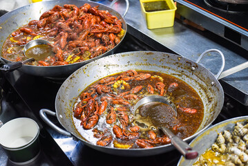 Many seafood lobsters in vietnamese night market in food festival