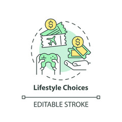 Lifestyle choices concept icon. Leisure activity. Travel cost. Spending money. Standard of living. Personal budget abstract idea thin line illustration. Isolated outline drawing. Editable stroke