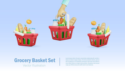 Grocery basket set.  Shopping basket full of grocery food and drink products. 3D vector.