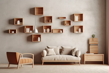 Minimalistic composition of a beige room with shelves minimal decoration. Minimalist interior decoration concept. Generative AI