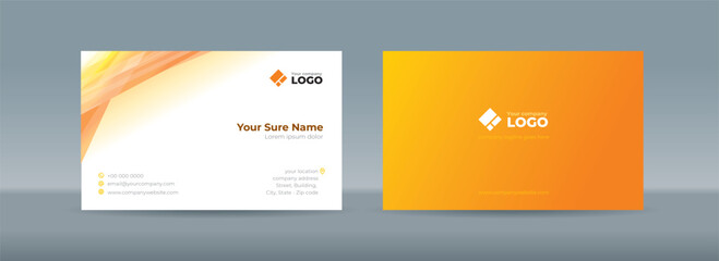 Double sided business card templates with illustrations of randomly stacked transparent orange-yellow triangles on a orange-white background