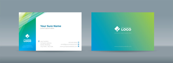 Double sided business card templates with illustrations of randomly stacked transparent blue-green triangles on a blue-white background