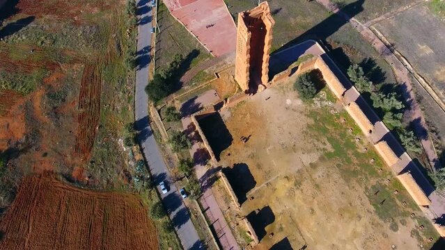 drone shot of the tower of the chateau el mansourah Tlemcen Algeria