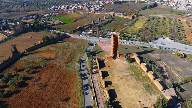 drone shot of the tower of the chateau el mansourah Tlemcen Algeria