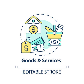 Goods and services concept icon. Basic need. Standard of living. Family finance. Price index. Household budget abstract idea thin line illustration. Isolated outline drawing. Editable stroke
