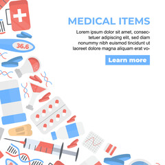 medicine, pharmacy, doctors kit, objects arranged in corner shape. first aid kit, jars, syringe, thermometer, tablets, test tubes, medical icons. vector cartoon simple flat medecine items.