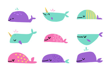 Set with whales and unicorns of different shapes. Cute cartoon flat characters. Childish naive vector illustration on white background.