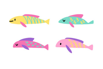 Small set with fish of different shapes. Cute cartoon flat characters. Childish naive vector illustration on white background.