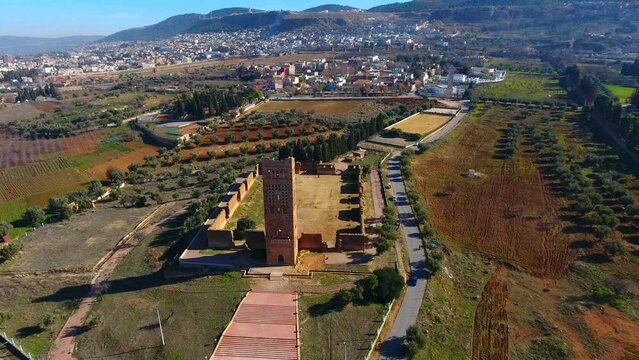 drone shot of the tower of the chateau el mansourah Tlemcen Algeria