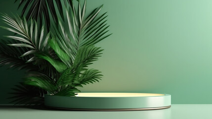 Minimal abstract empty podium green background with leaves, for product display presentation mockup, generative ai