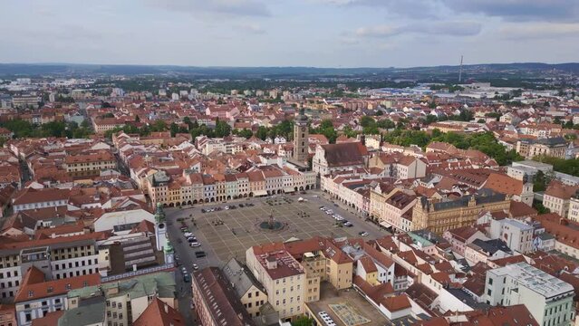 Fountain in center of historic old town at  market square. Wonderful aerial top view flight 
Budweis Budejovice old town in Czech Republic, summer of 2023. panorama overview drone
4K uhd footage.