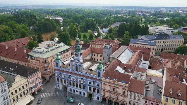 City Hall at the historic market square. Stunning aerial top view flight 
Budweis Budejovice old town in Czech Republic, summer of 2023. panorama overview drone
4K uhd footage.