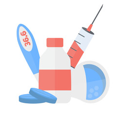 medicine, pharmacy, doctors kit items. jars, syringe, thermometer, tablets, test tubes, medical icons. vector cartoon simple flat medecine items.