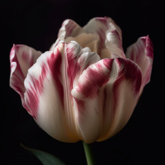 Beautiful white and red tulip close up on black background, Generative AI